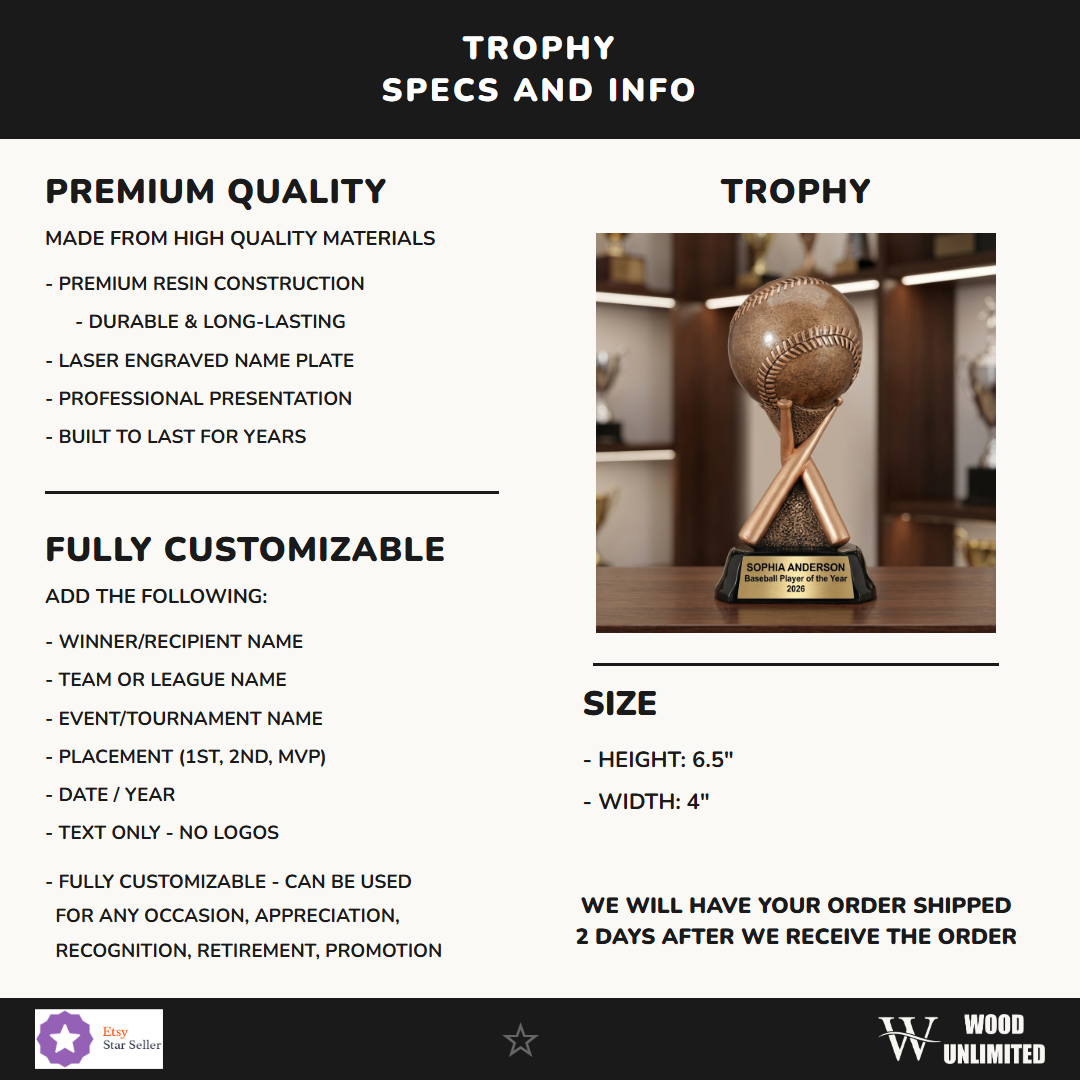 Custom engraved baseball trophy perfect for youth leagues, coaches gifts, and end-of-season team recognition