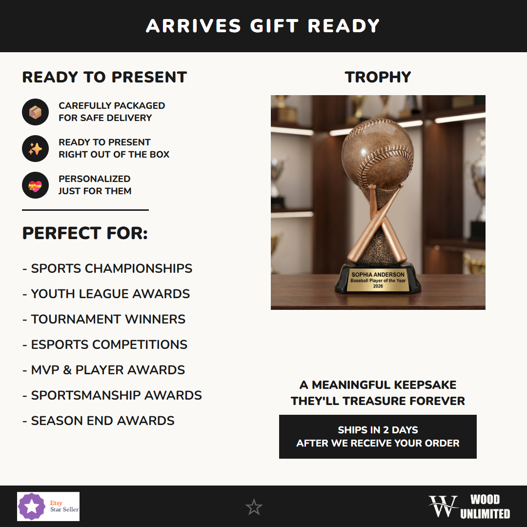 Personalized baseball trophy ideal for tournament champions, MVP recognition, and school athletics