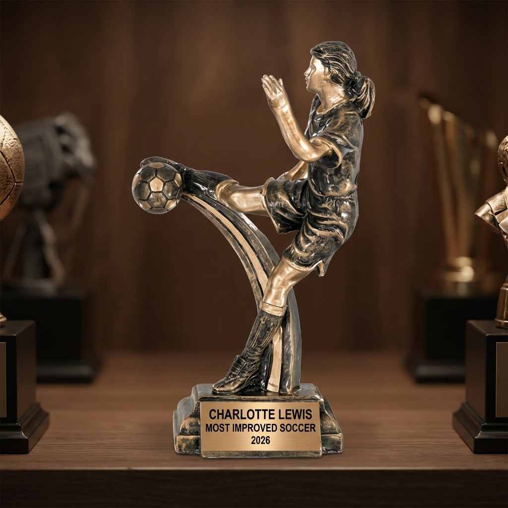 Soccer Award Trophy | Personalized | Custom Engraved | Female Kicker | Soccer Gift | MVP | Team Award - View 1