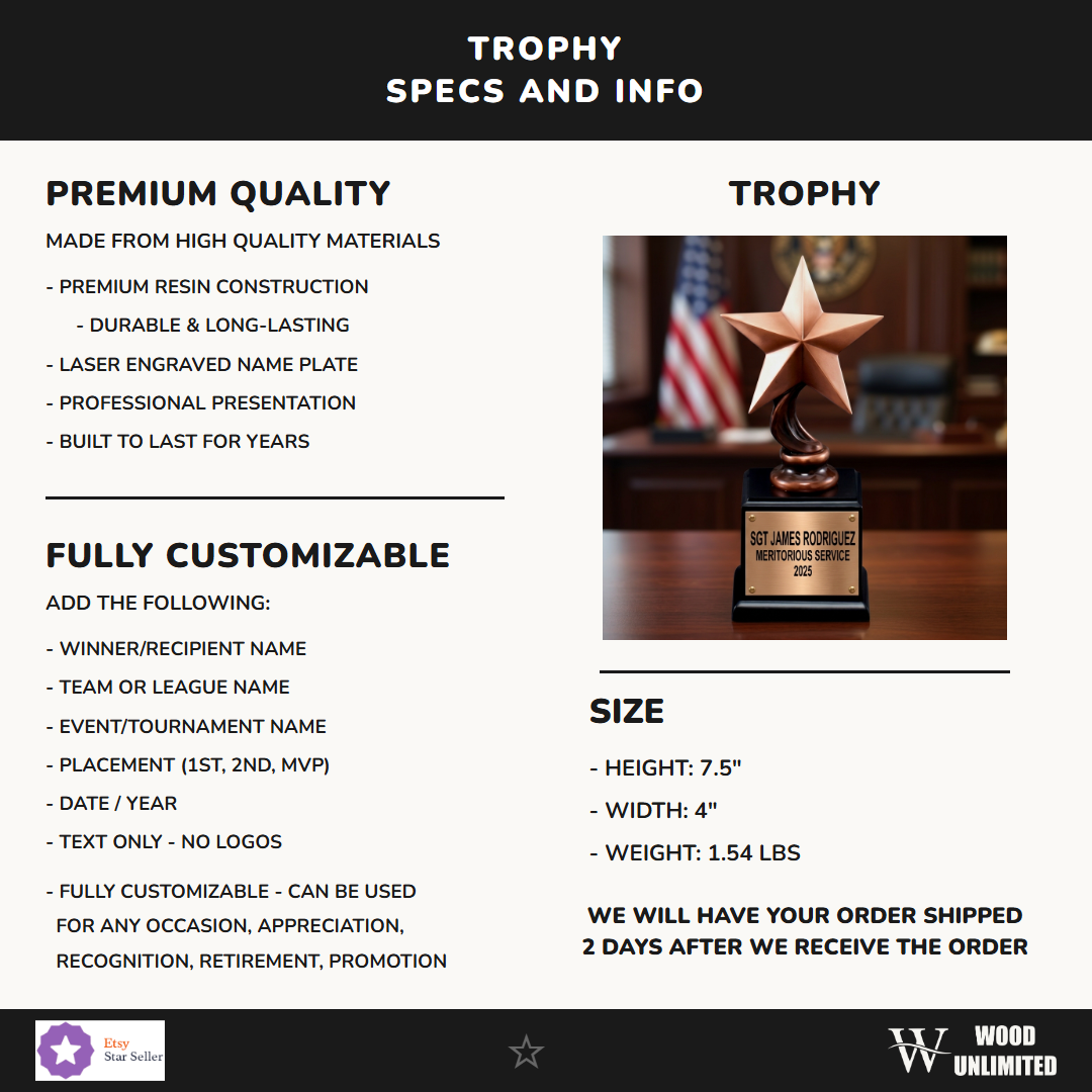 Military Trophy Award | Personalized | Custom Engraved | Achievement | Retirement | Service Award | Veterans Gift