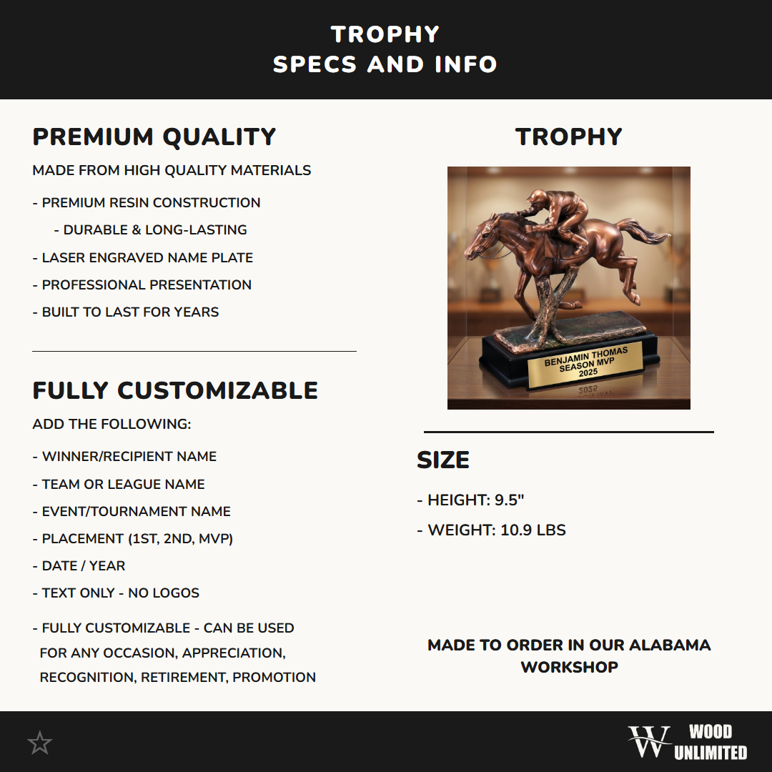 Personalized Horse Racing Trophy, Custom Engraved Jockey & Equestrian Award, Derby Winner Gift