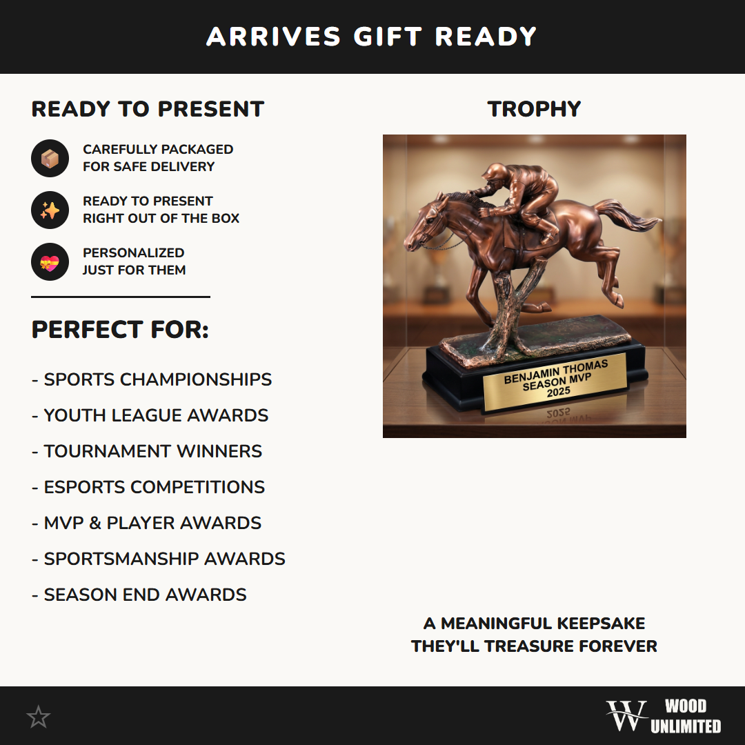 Personalized Horse Racing Trophy, Custom Engraved Jockey & Equestrian Award, Derby Winner Gift