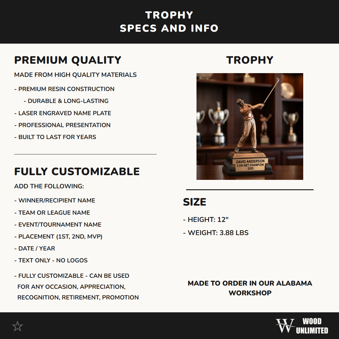 Golf Award Trophy | Personalized | Custom Engraved Golfer Statue | Tournament Champion | Hole in One | Golf Gift
