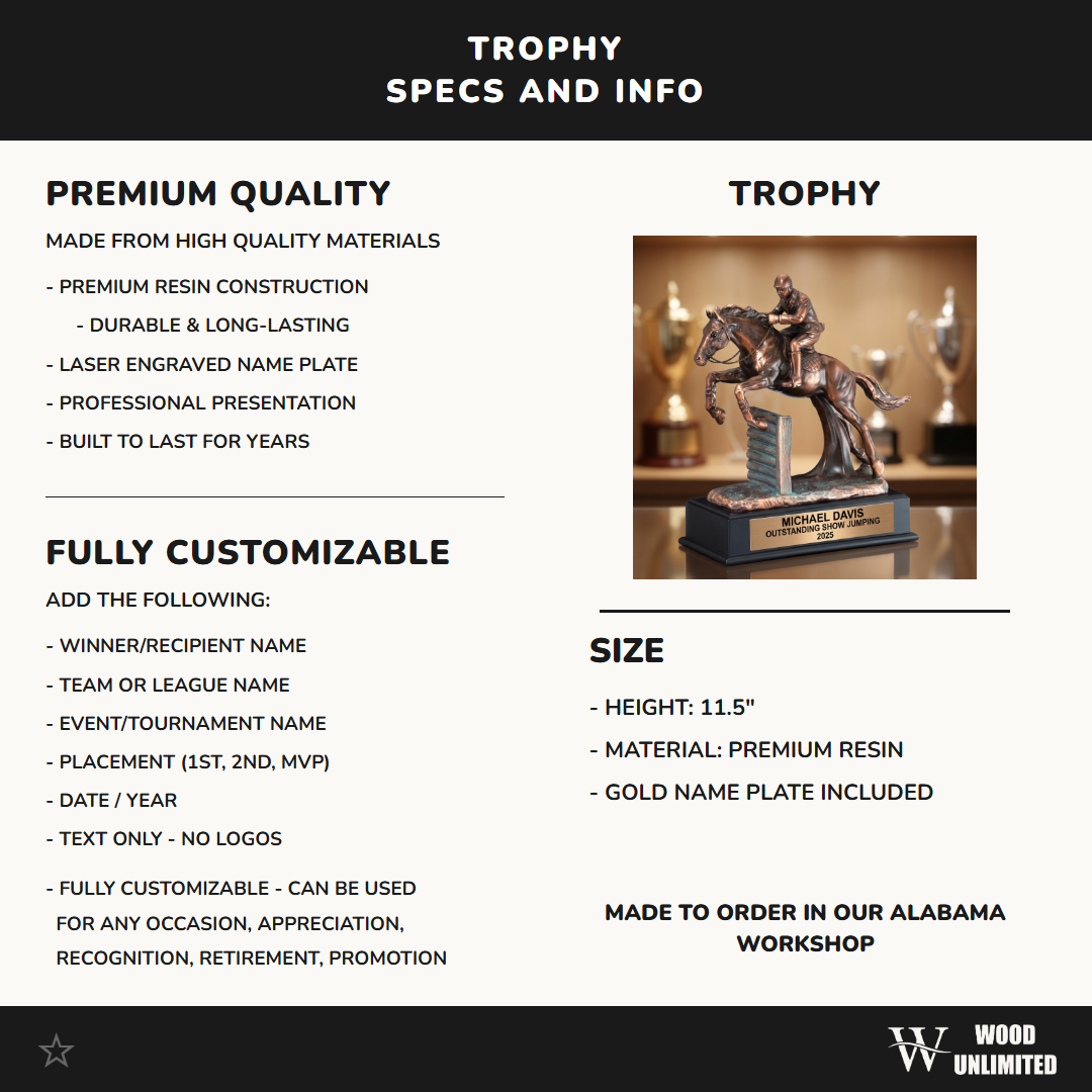 Personalized Show Jumping Award Trophy - Custom Laser Engraved Horse Jumper Recognition Gift - 11 1/2" Tall