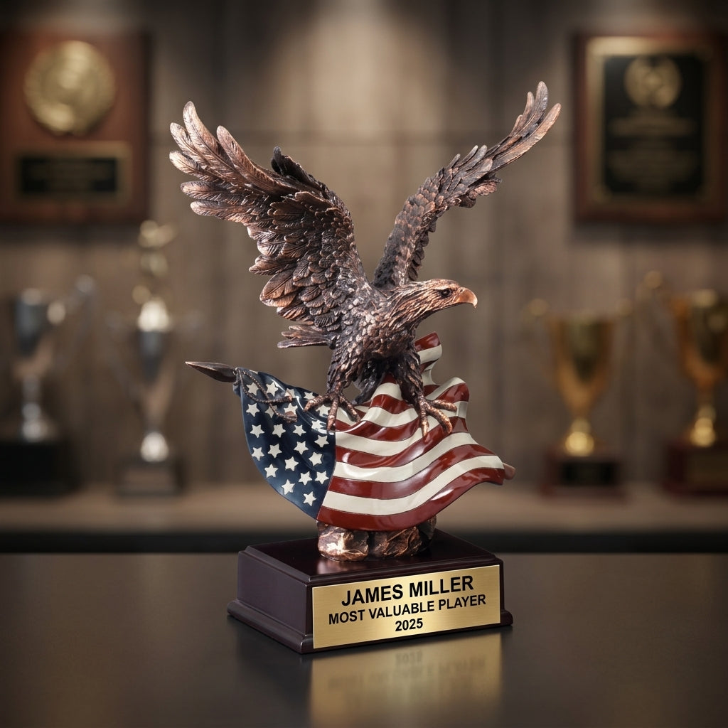 Personalized | Patriotic Award | Custom Engraved | Patriotic Eagle Trophy | Military Award | Veteran Gift | American Flag - View 3