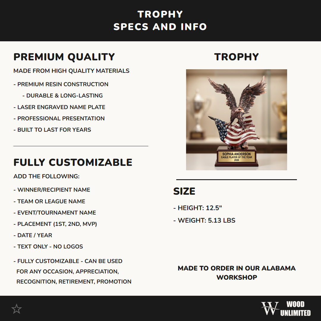 Personalized | Patriotic Award | Custom Engraved | Eagle Trophy | Military Gift | Veteran Recognition | American Flag | Retirement Award