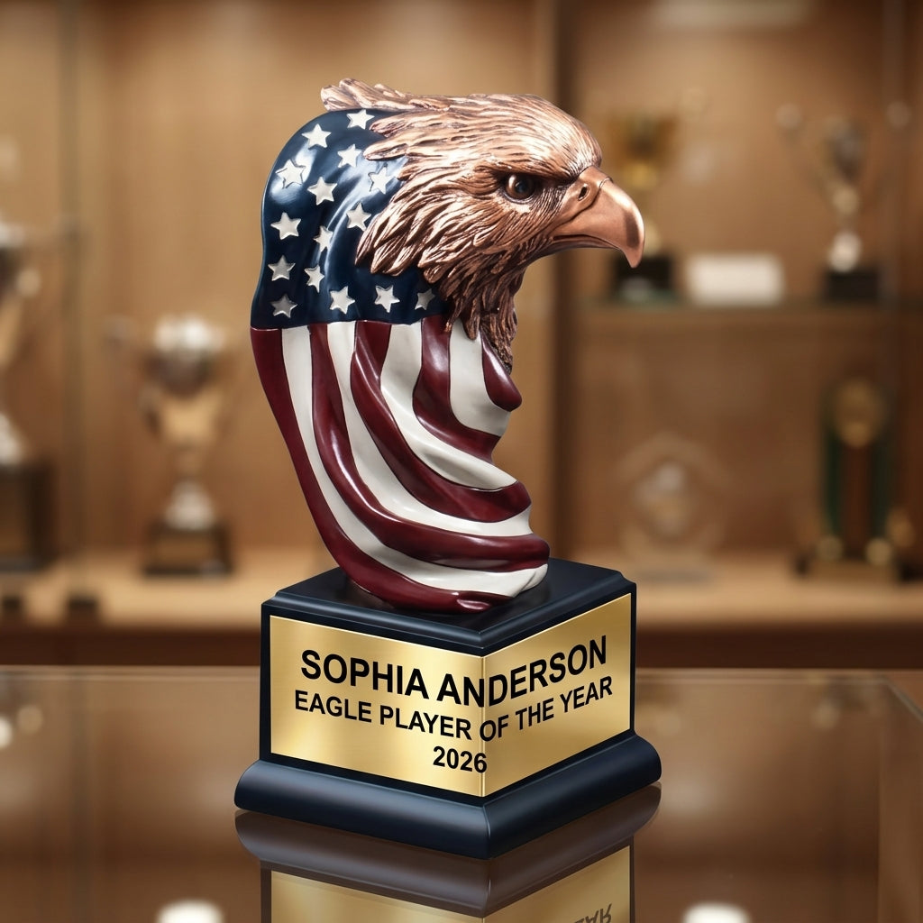 Personalized | Patriotic Award | Custom Engraved | Eagle Trophy | American Flag | Engraved Gift | Military Veteran | Retirement Award - View 1