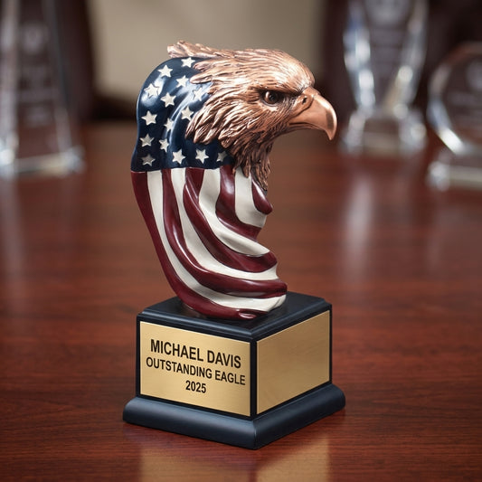 Personalized | Patriotic Award | Custom Engraved | Eagle Trophy | American Flag | Engraved Gift | Military Veteran | Retirement Award - View 2