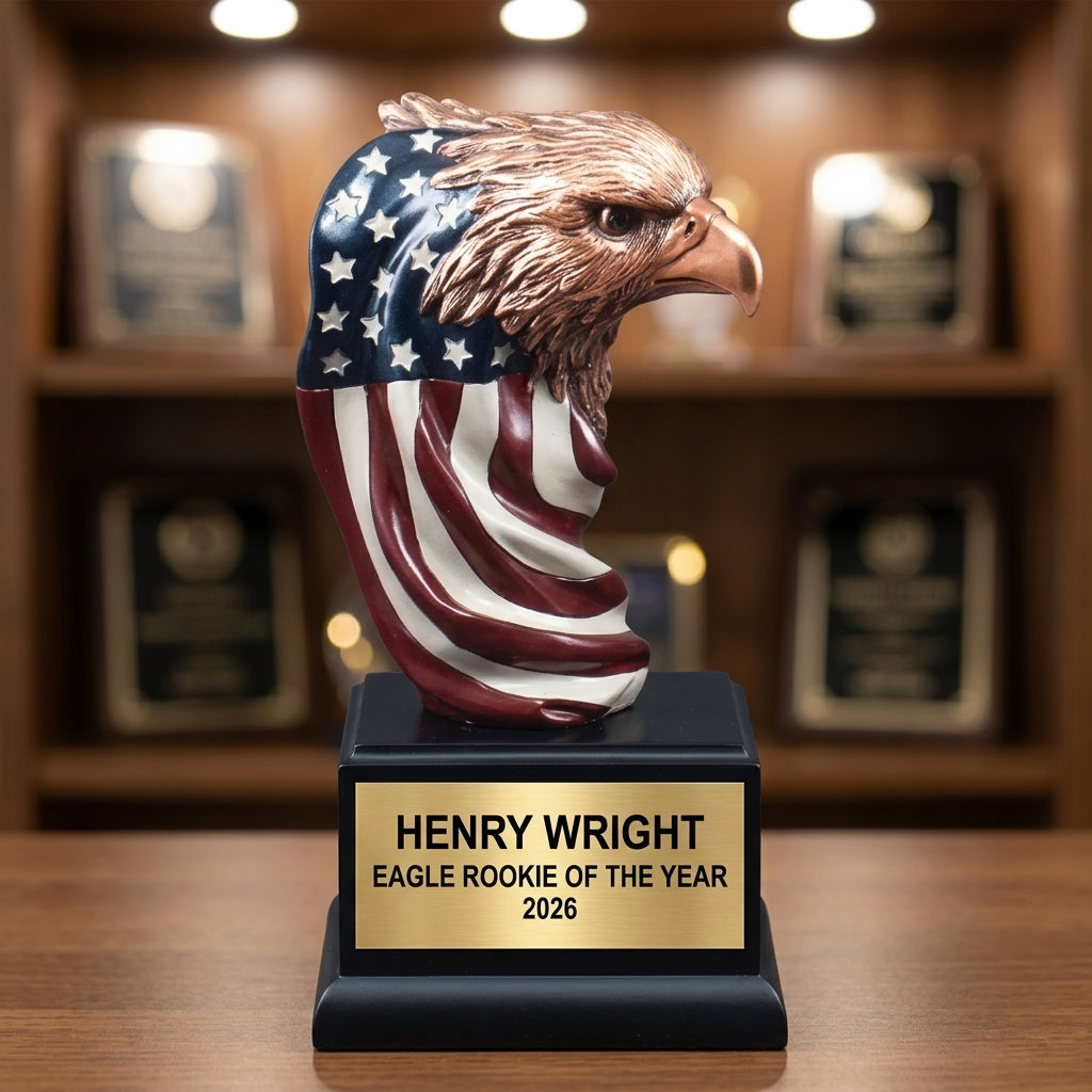 Personalized | Patriotic Award | Custom Engraved | Eagle Trophy | American Flag | Engraved Gift | Military Veteran | Retirement Award - View 4
