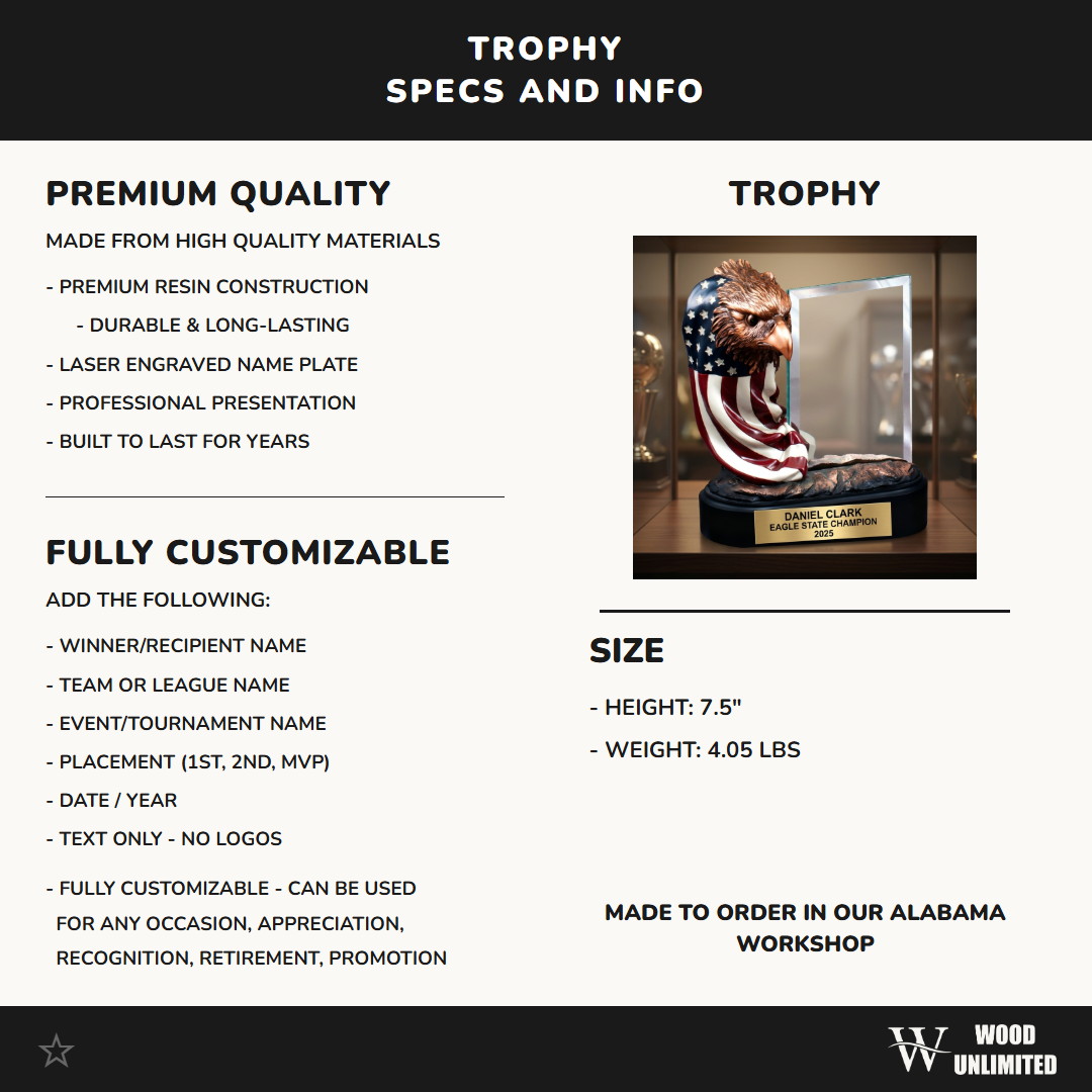 Personalized | Patriotic Award | Custom Engraved | Eagle Trophy | Military Gift | Veteran Award | American Flag | Engraved Trophy
