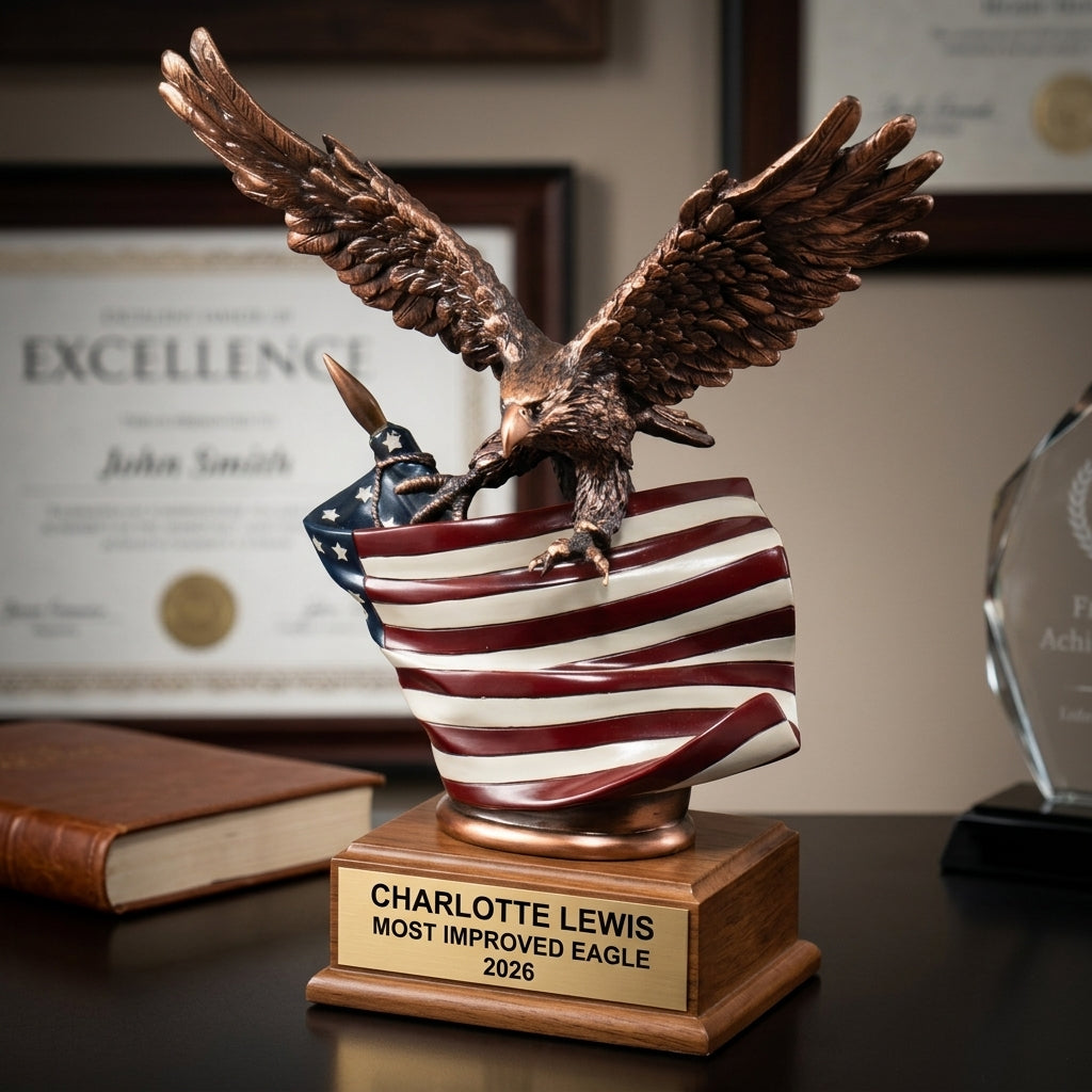 Personalized | Patriotic Award | Custom Engraved | Military Award | Veteran Gift | Eagle Trophy | American Flag | Engraved Gift - View 3