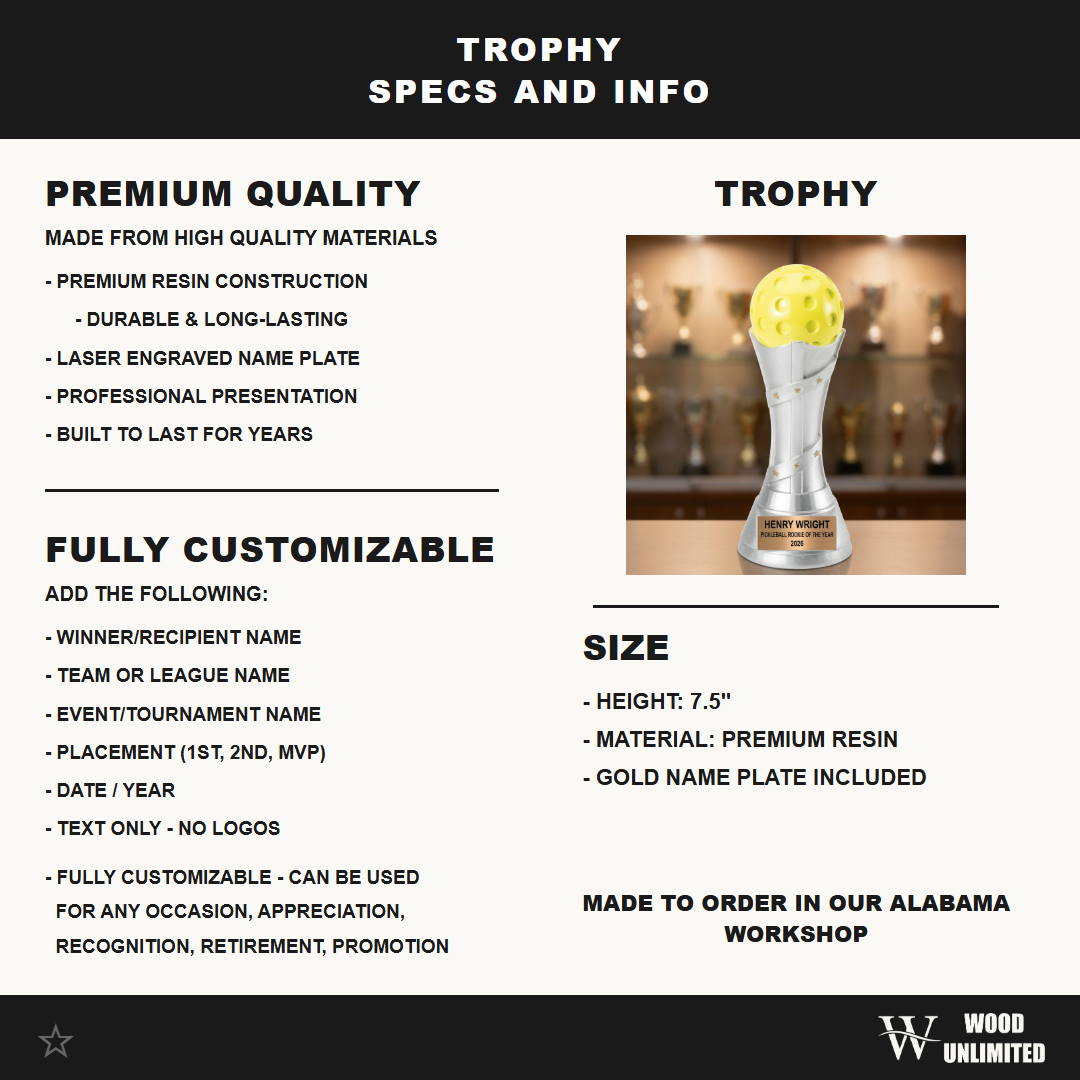 Pickleball Trophy - Personalized Award - Custom Engraved Paddle & Ball - Gift