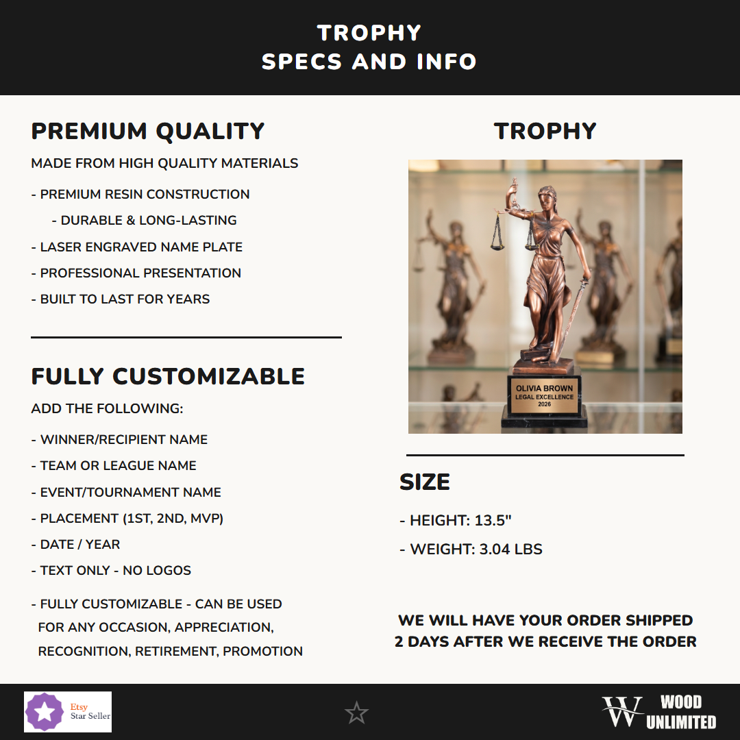 Lady Justice Award Specifications — dimensions, materials, features