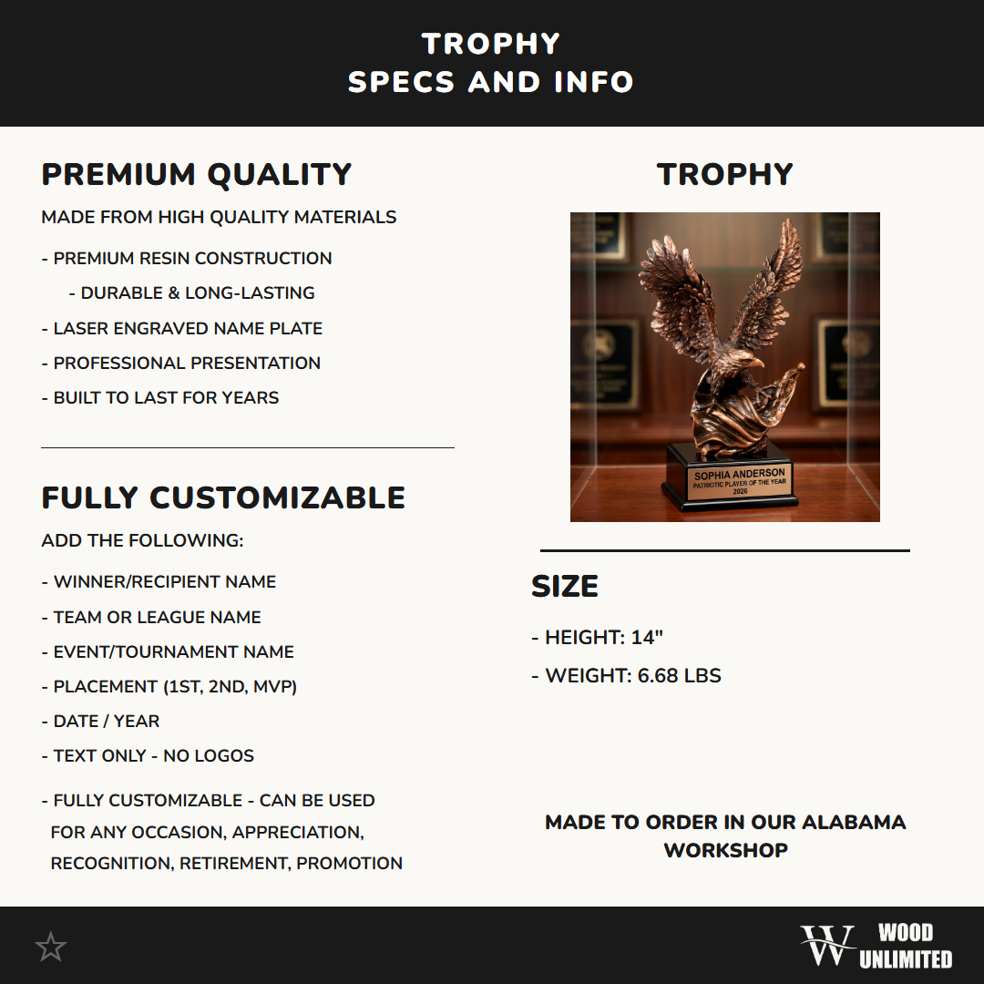 Patriotic Award Trophy | Personalized Eagle | Custom Engraved | American Pride | Recognition Gift | Bronze Finish
