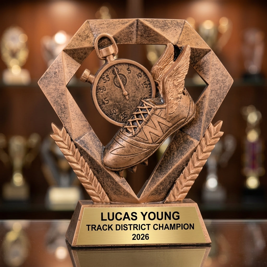 Personalized 5-inch track trophy with custom laser-engraved gold nameplate on weighted base for awards and recognition