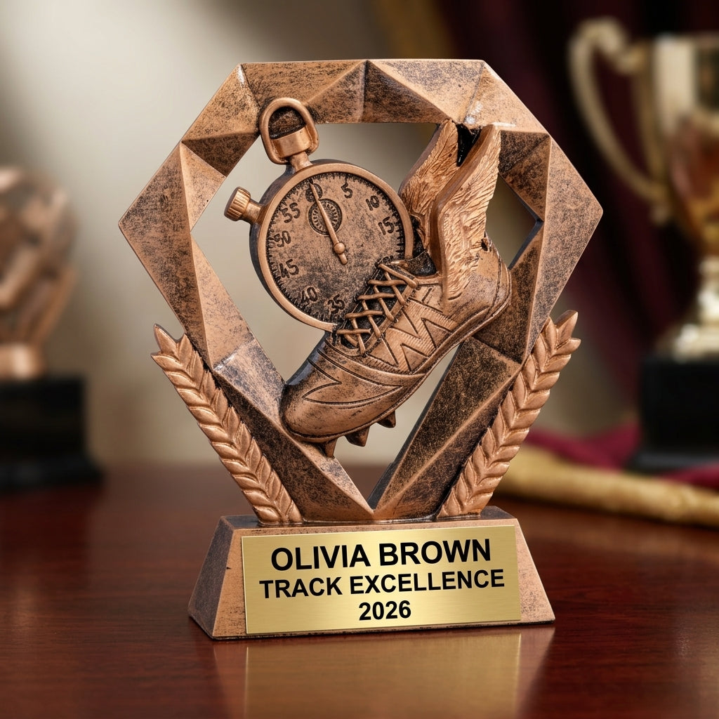 Track trophy specifications showing 5-inch height, gold finish, resin construction, and personalization options