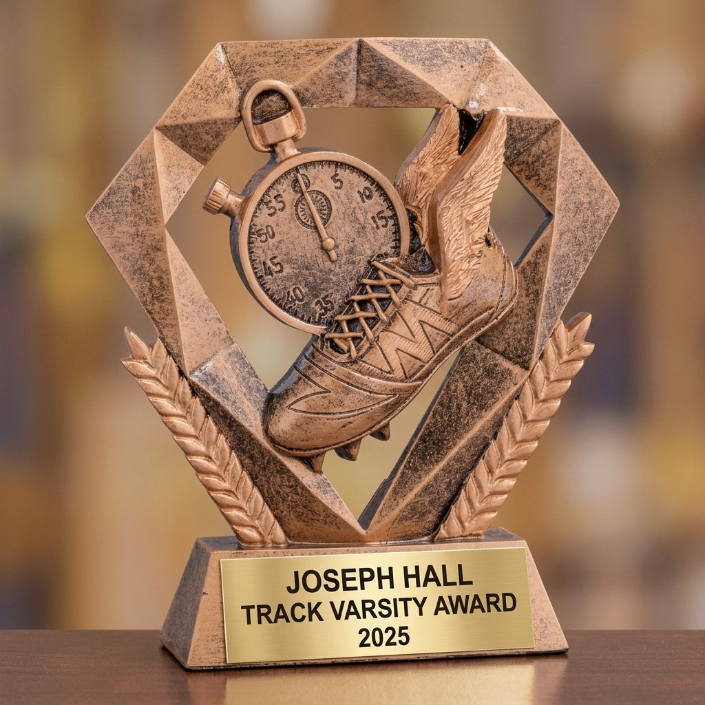 Track trophy banquet display with multiple personalized awards featuring custom laser engraving