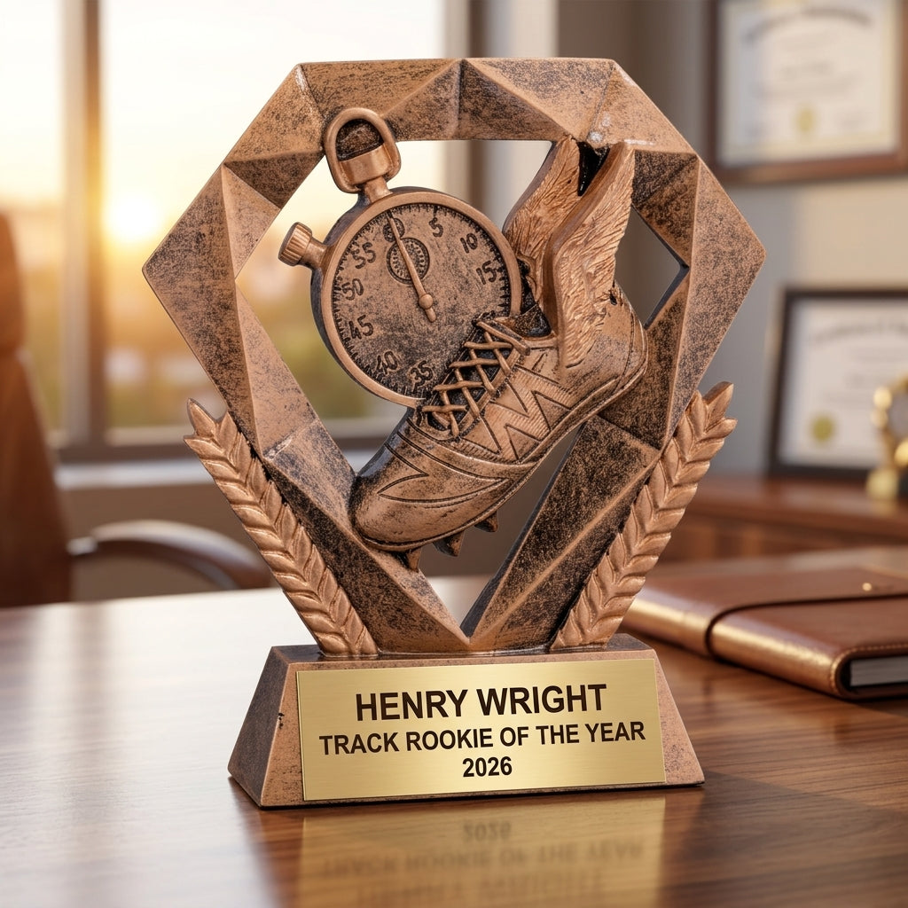 Close-up of laser-engraved gold nameplate on personalized track trophy showing custom name, achievement, and year