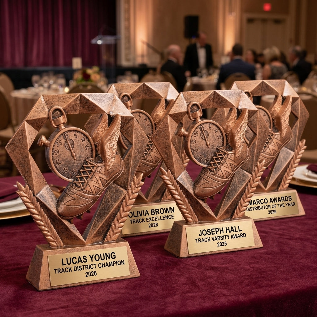 Customer reviews for Wood Unlimited personalized track trophies with 5-star ratings and trust badges