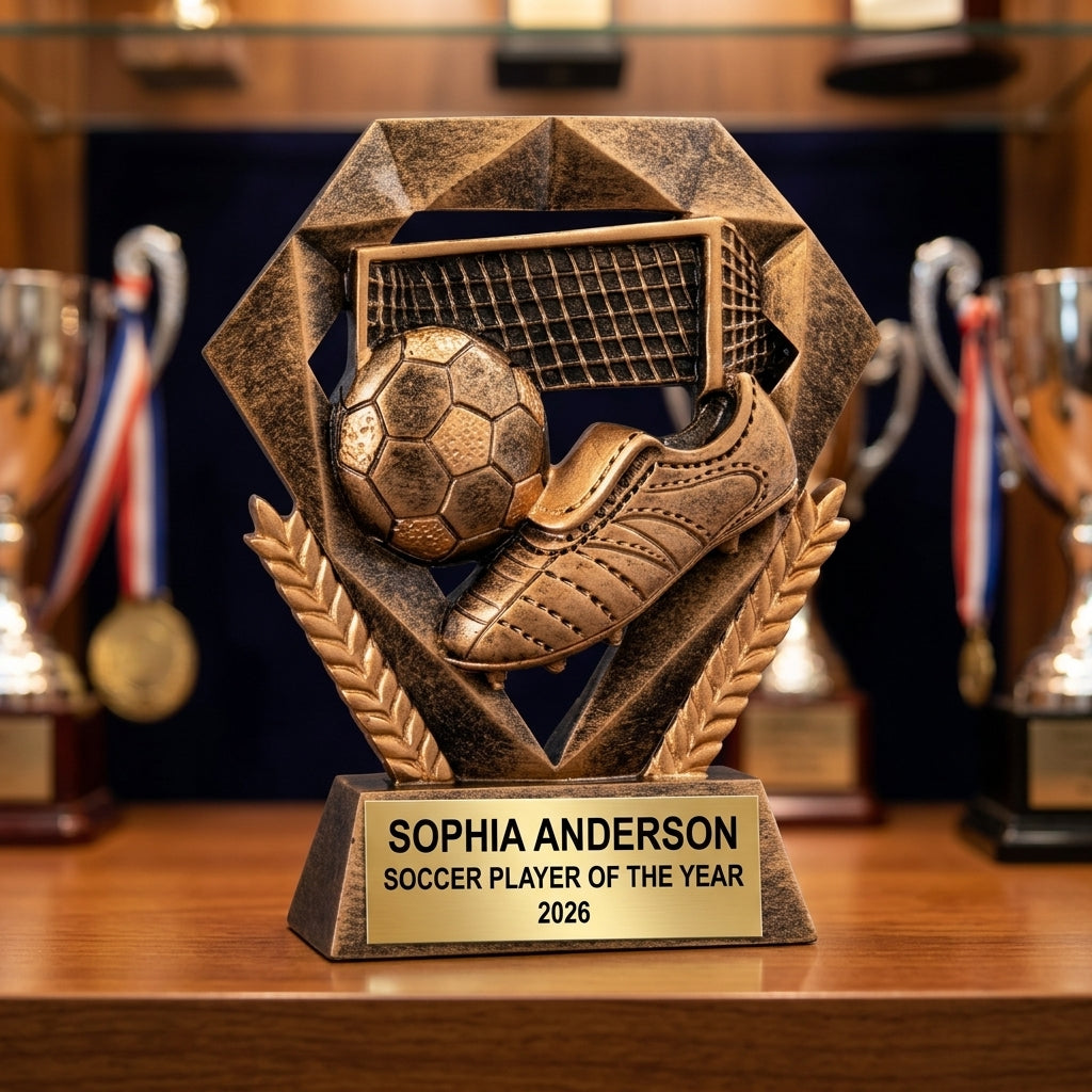 Personalized 5-inch soccer trophy with custom laser-engraved gold nameplate on weighted base for awards and recognition