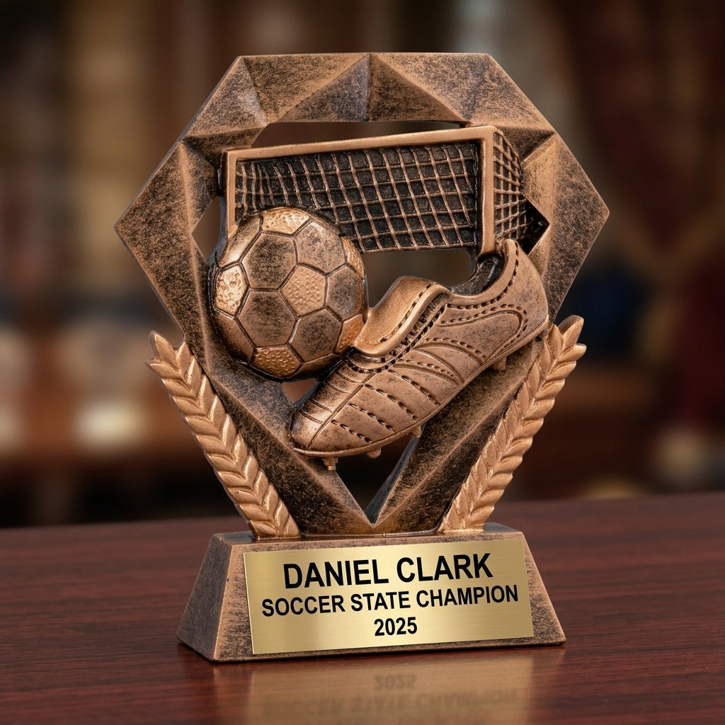 Soccer trophy specifications showing 5-inch height, gold finish, resin construction, and personalization options