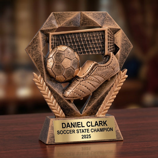 Soccer trophy specifications showing 5-inch height, gold finish, resin construction, and personalization options