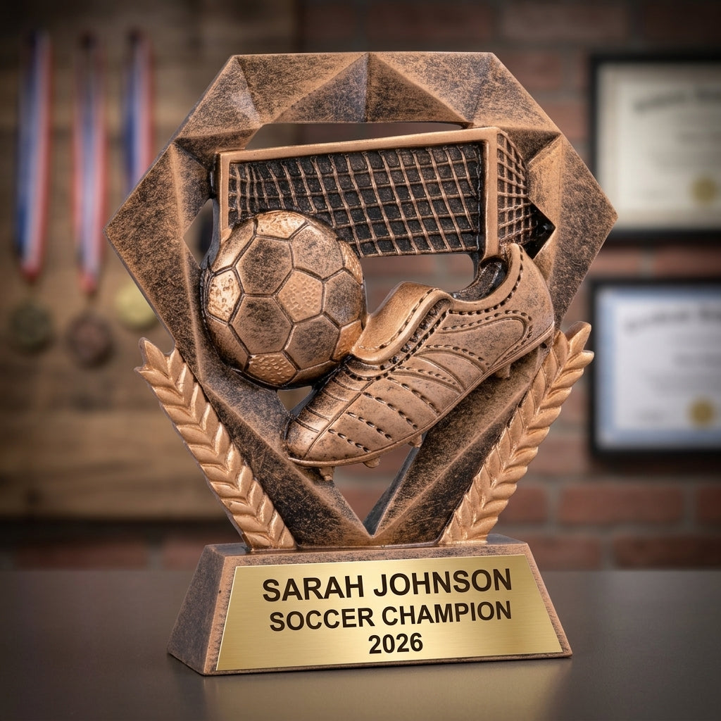 Soccer trophy banquet display with multiple personalized awards featuring custom laser engraving