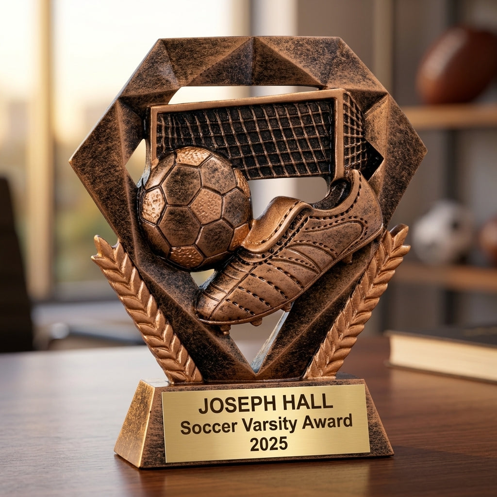 Close-up of laser-engraved gold nameplate on personalized soccer trophy showing custom name, achievement, and year