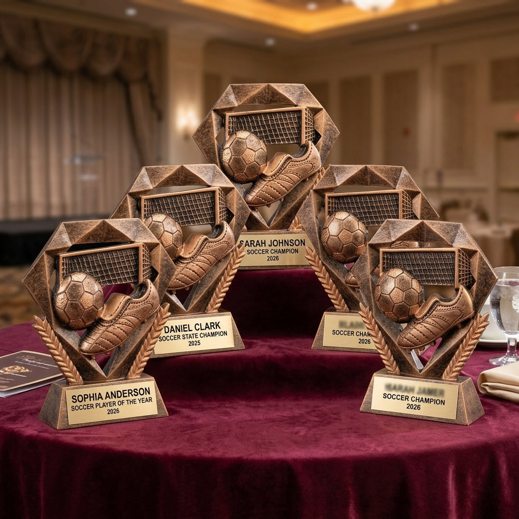 Customer reviews for Wood Unlimited personalized soccer trophies with 5-star ratings and trust badges