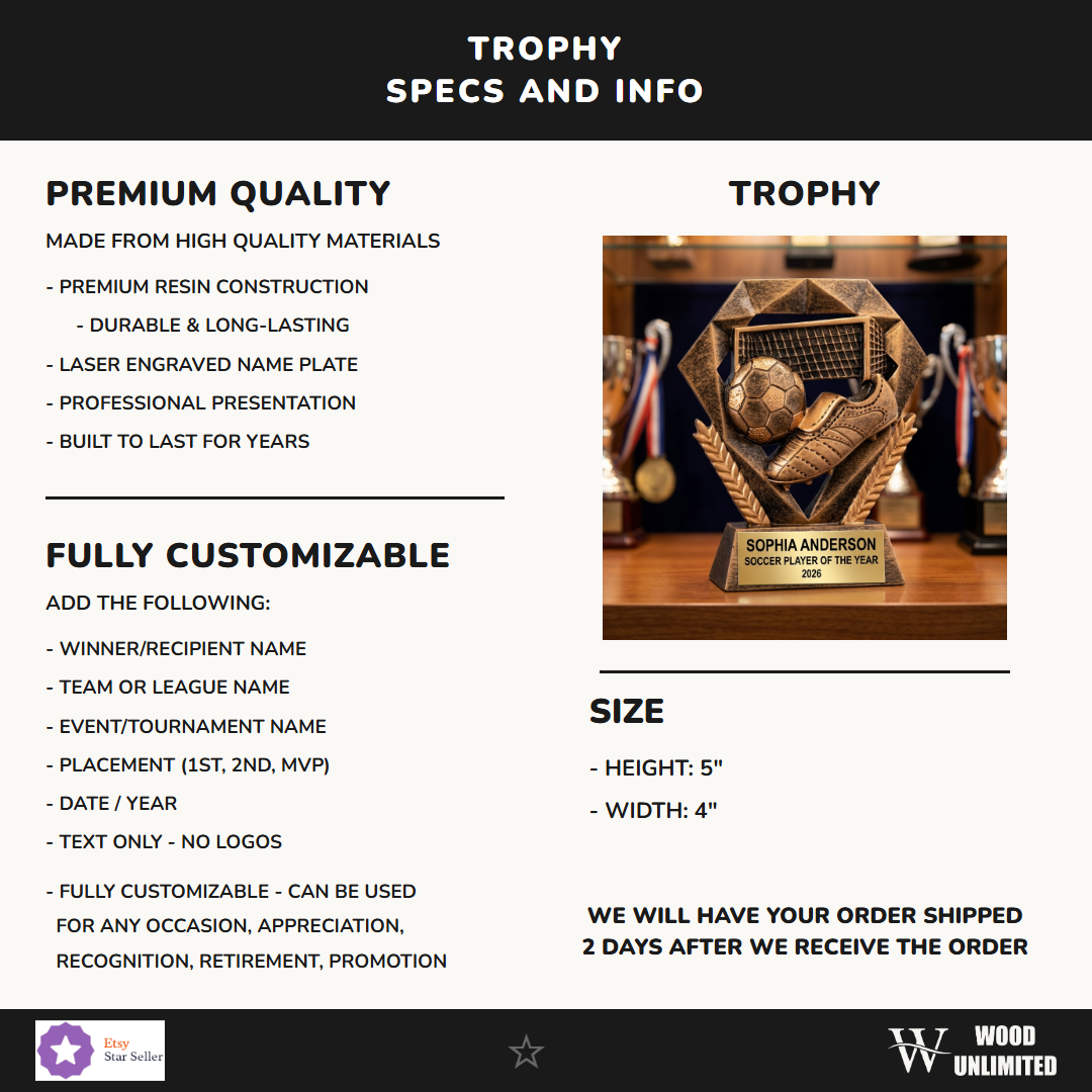 Custom engraved soccer trophy perfect for youth leagues, coaches gifts, and end-of-season team recognition