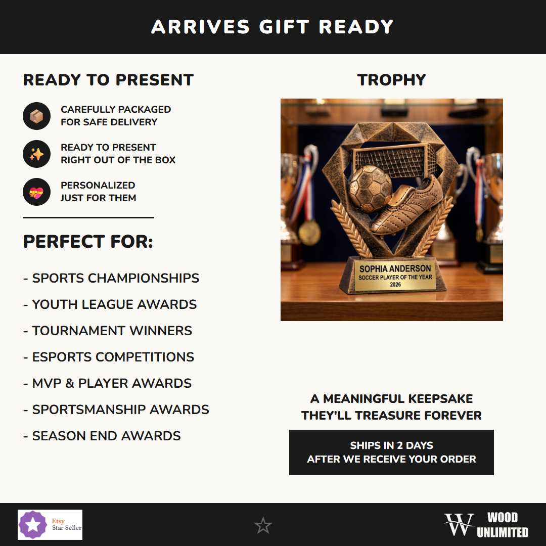 Personalized soccer trophy ideal for tournament champions, MVP recognition, and school athletics