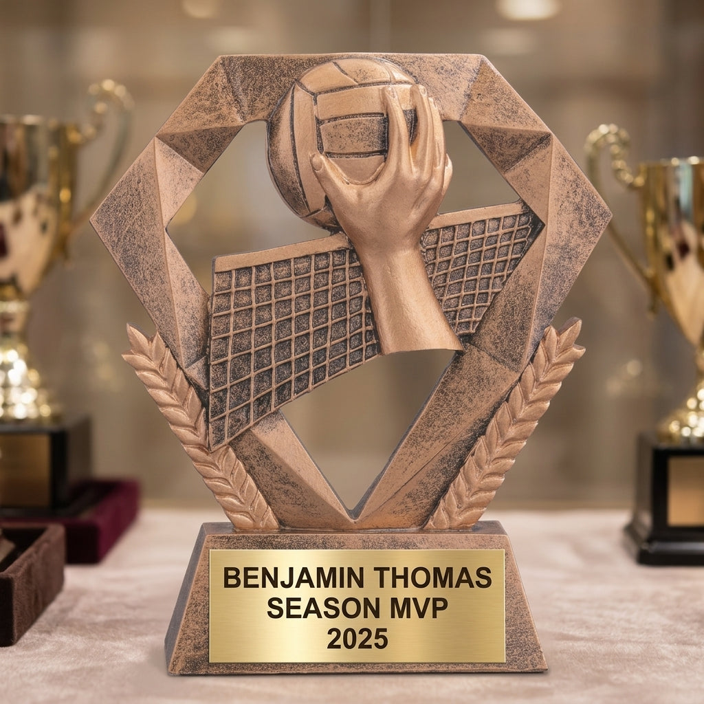 Personalized 5-inch volleyball trophy with custom laser-engraved gold nameplate on weighted base for awards and recognition