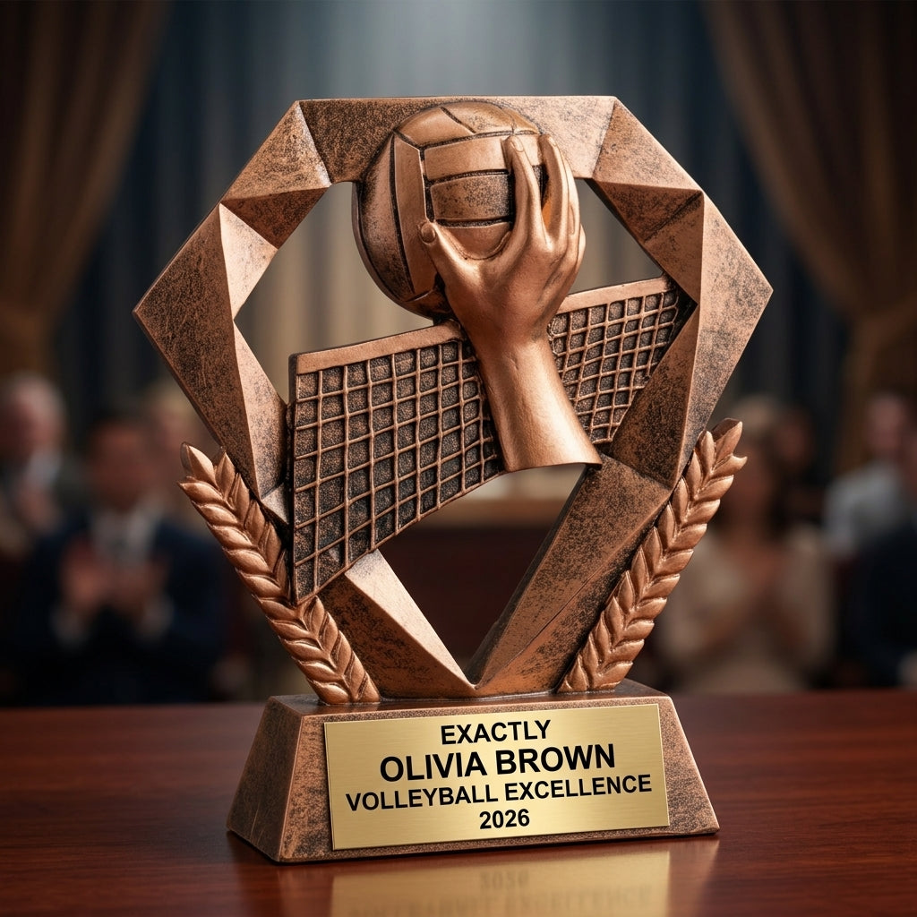 Volleyball trophy specifications showing 5-inch height, gold finish, resin construction, and personalization options