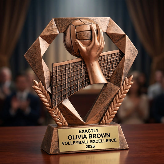Volleyball trophy specifications showing 5-inch height, gold finish, resin construction, and personalization options