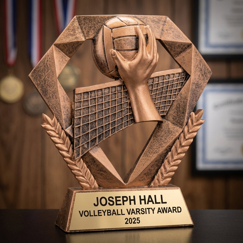 Volleyball trophy banquet display with multiple personalized awards featuring custom laser engraving