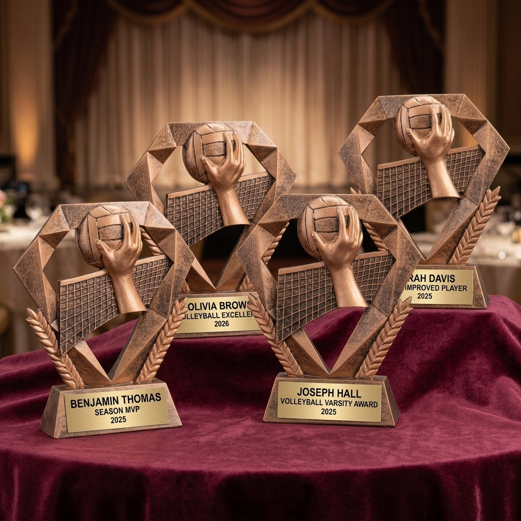 Customer reviews for Wood Unlimited personalized volleyball trophies with 5-star ratings and trust badges