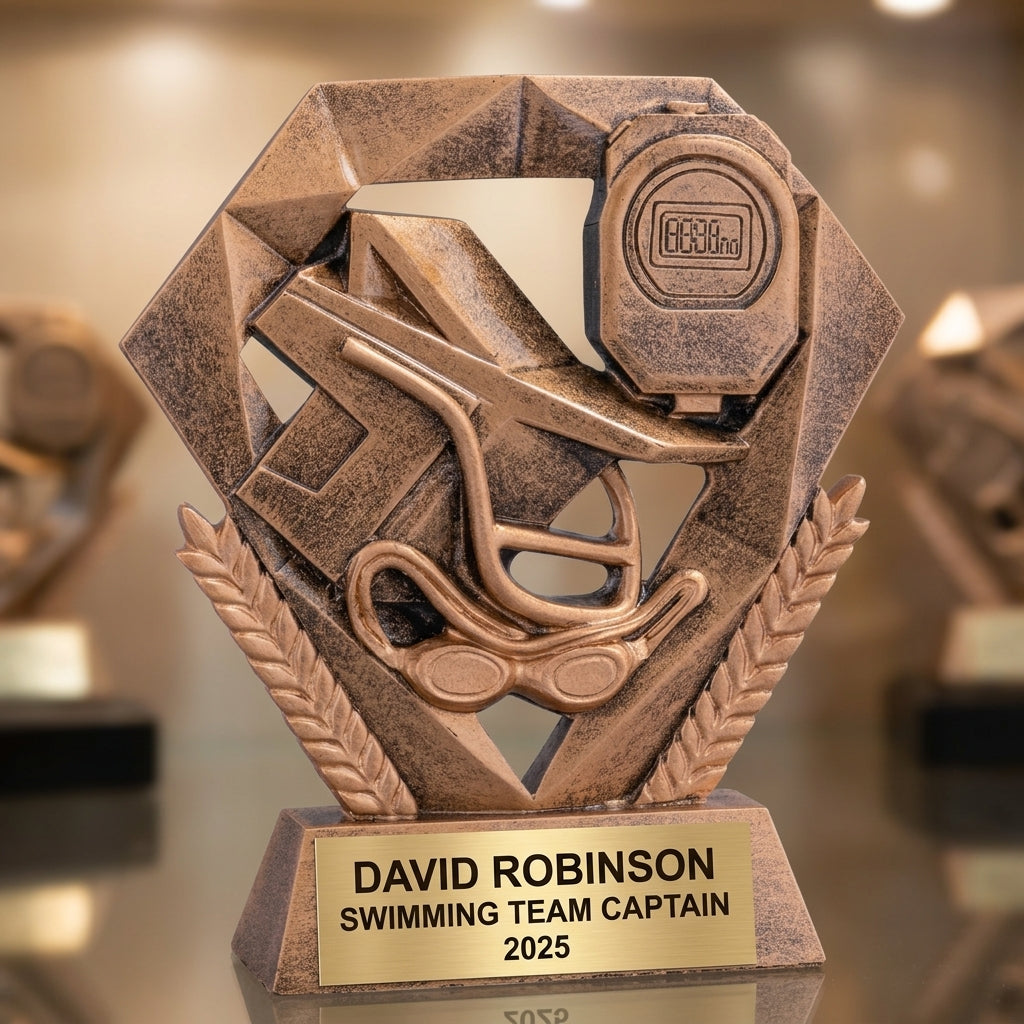 Personalized 5-inch swimming trophy with custom laser-engraved gold nameplate on weighted base for awards and recognition
