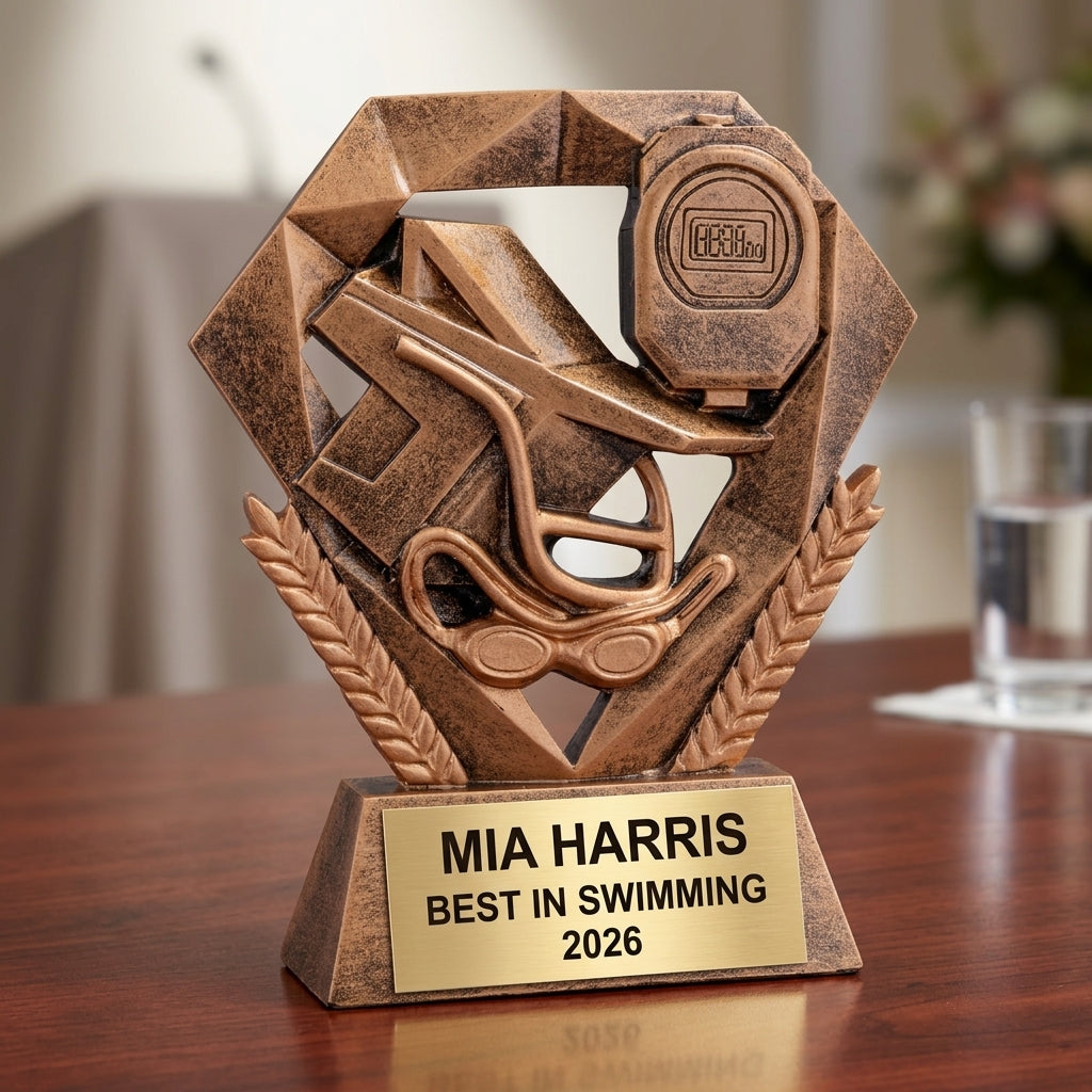 Swimming trophy specifications showing 5-inch height, gold finish, resin construction, and personalization options