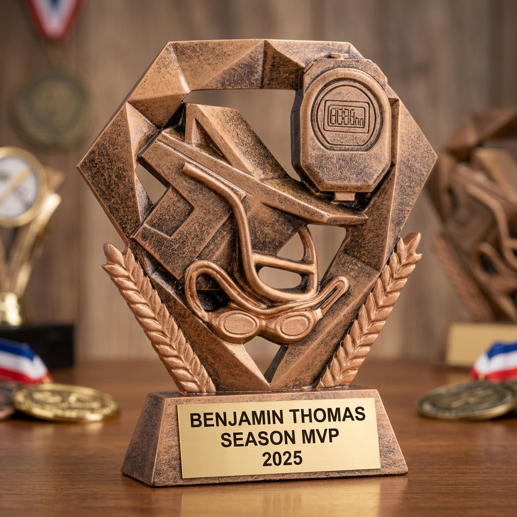 Swimming trophy banquet display with multiple personalized awards featuring custom laser engraving
