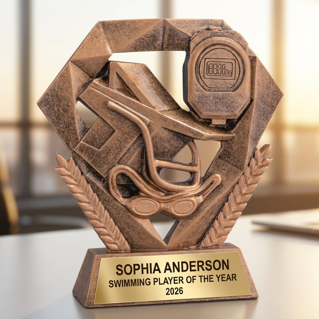 Close-up of laser-engraved gold nameplate on personalized swimming trophy showing custom name, achievement, and year