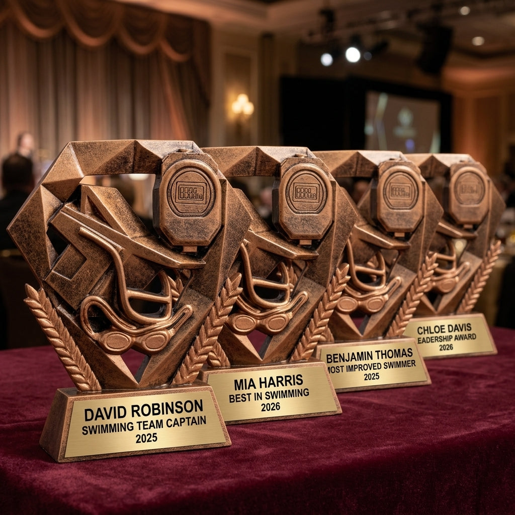 Customer reviews for Wood Unlimited personalized swimming trophies with 5-star ratings and trust badges