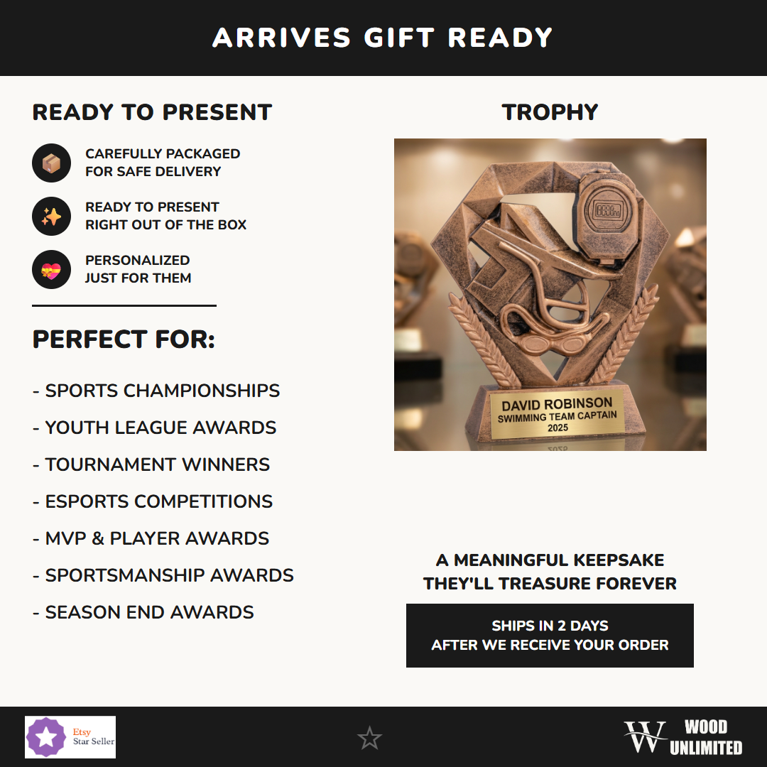 Personalized swimming trophy ideal for tournament champions, MVP recognition, and school athletics