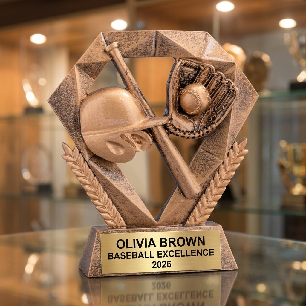 Personalized 5-inch baseball trophy with custom laser-engraved gold nameplate on weighted base for awards and recognition