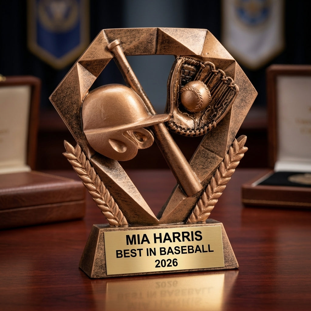 Baseball trophy specifications showing 5-inch height, gold finish, resin construction, and personalization options