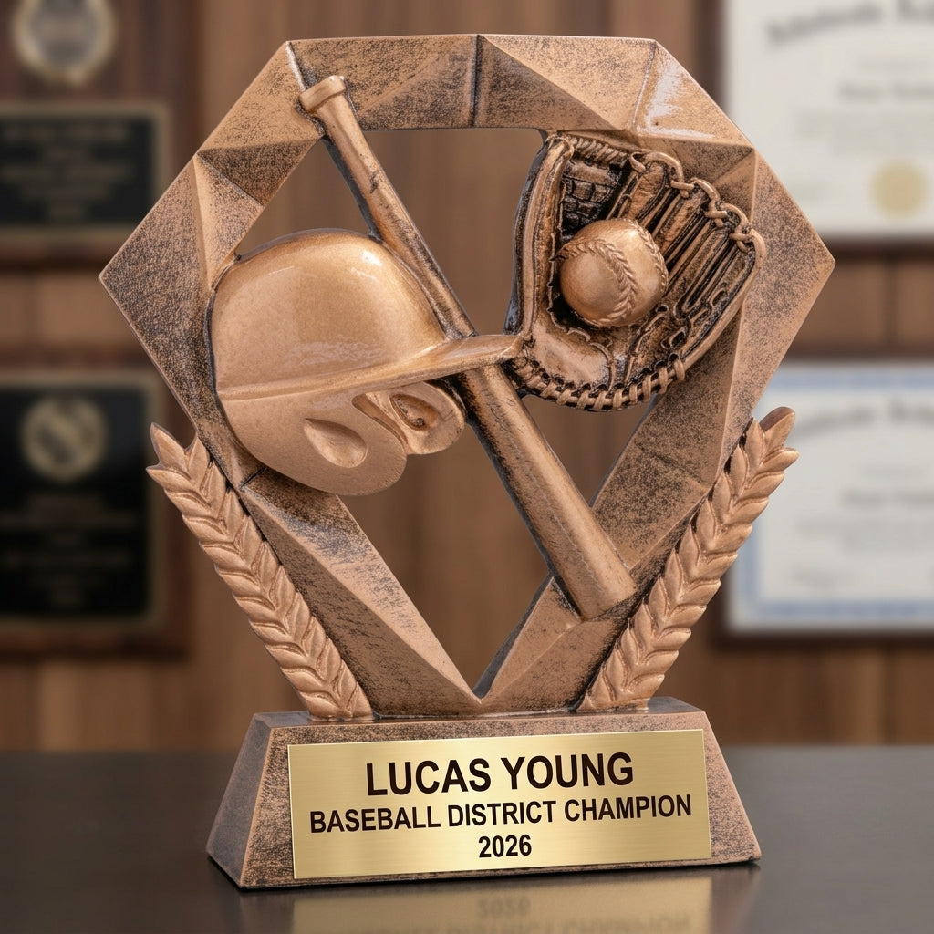 Baseball trophy banquet display with multiple personalized awards featuring custom laser engraving