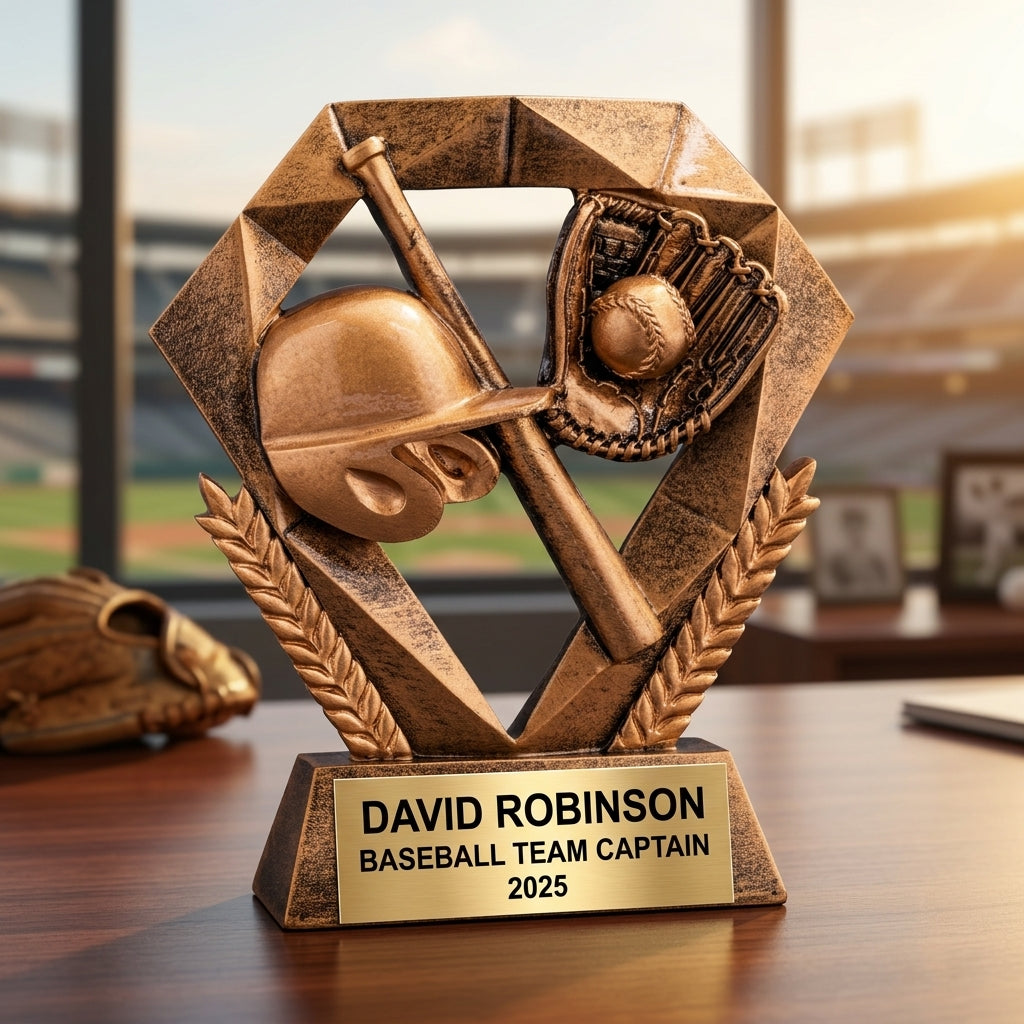 Close-up of laser-engraved gold nameplate on personalized baseball trophy showing custom name, achievement, and year