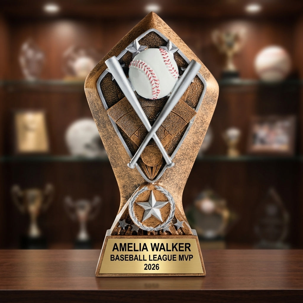 Personalized 6½-inch baseball trophy with custom laser-engraved gold nameplate on weighted base for awards and recognition