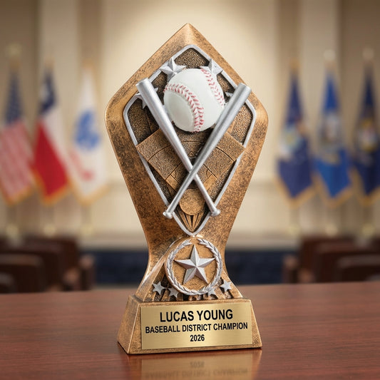 Baseball trophy specifications showing 6½-inch height, gold finish, resin construction, and personalization options