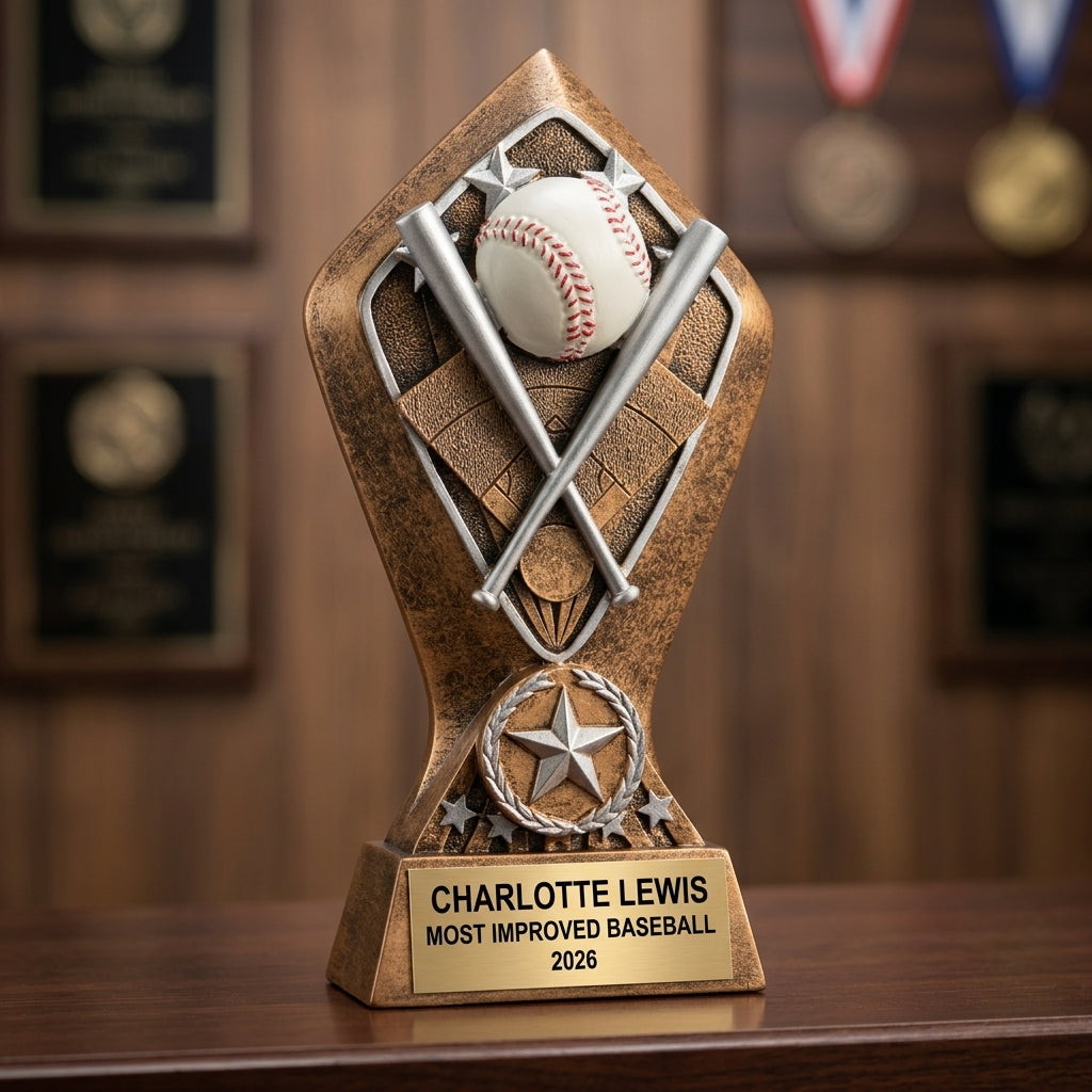 Baseball trophy banquet display with multiple personalized awards featuring custom laser engraving