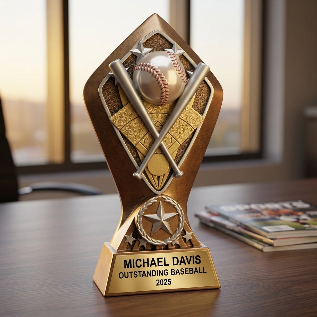 Close-up of laser-engraved gold nameplate on personalized baseball trophy showing custom name, achievement, and year